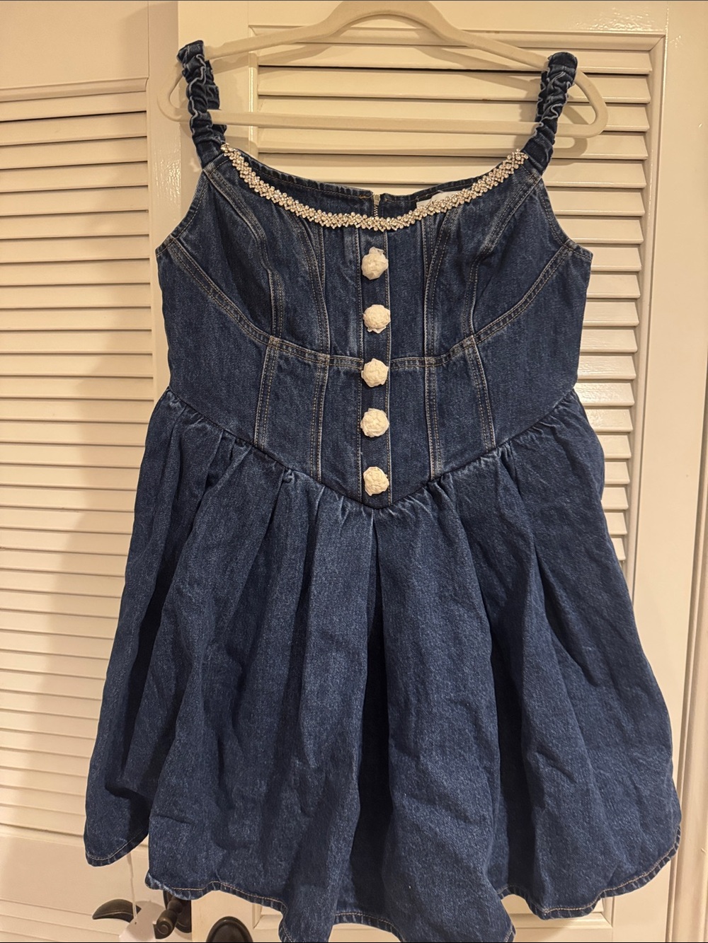 Self Portrait Dark Blue Denim Off Shoulder Mini Dress with Rhinestone Buttons.